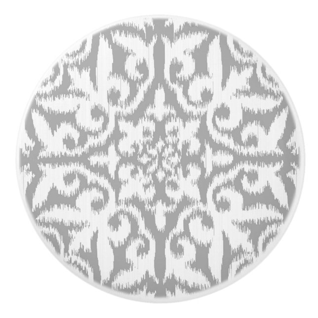 Ikat damask pattern - silver grey and white ceramic knob (Front)