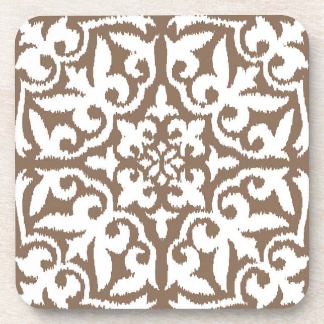 Ikat damask pattern - Taupe Tan and White Beverage Coaster (Front)