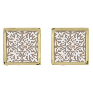 Ikat damask pattern - Taupe Tan and White Gold Cufflinks