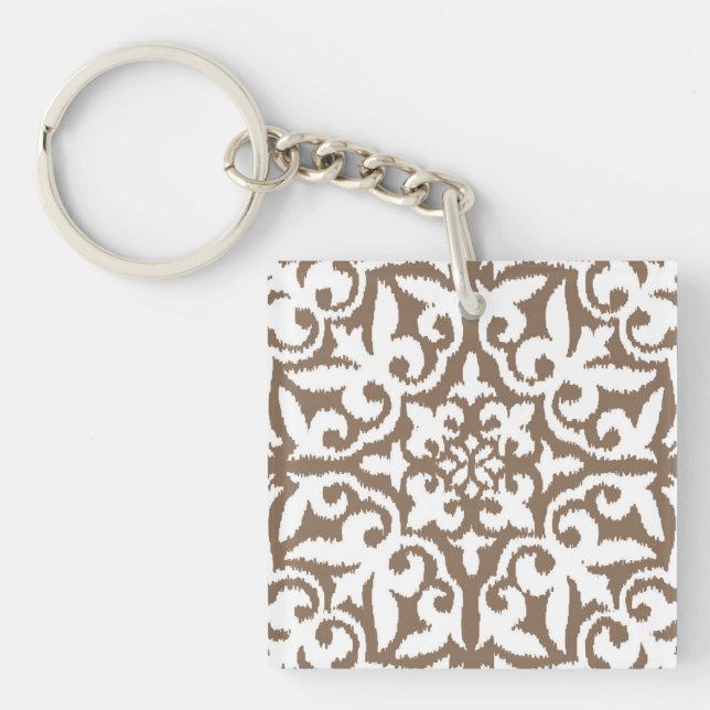Ikat damask pattern - Taupe Tan and White Keychain (Front)