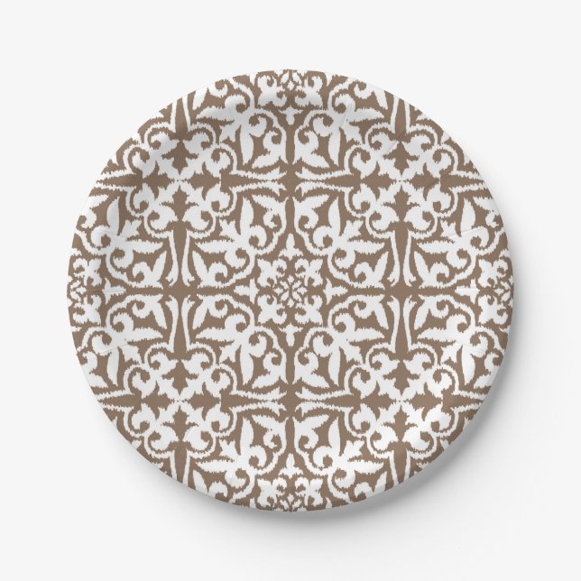 Ikat damask pattern - Taupe Tan and White Paper Plates (Front)
