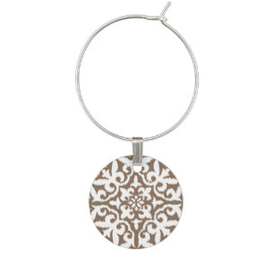 Ikat damask pattern - Taupe Tan and White Wine Glass Charm