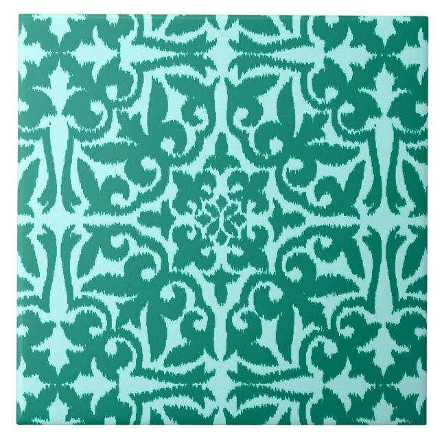 Ikat damask pattern - Turquoise and Aqua Ceramic Tile (Front)