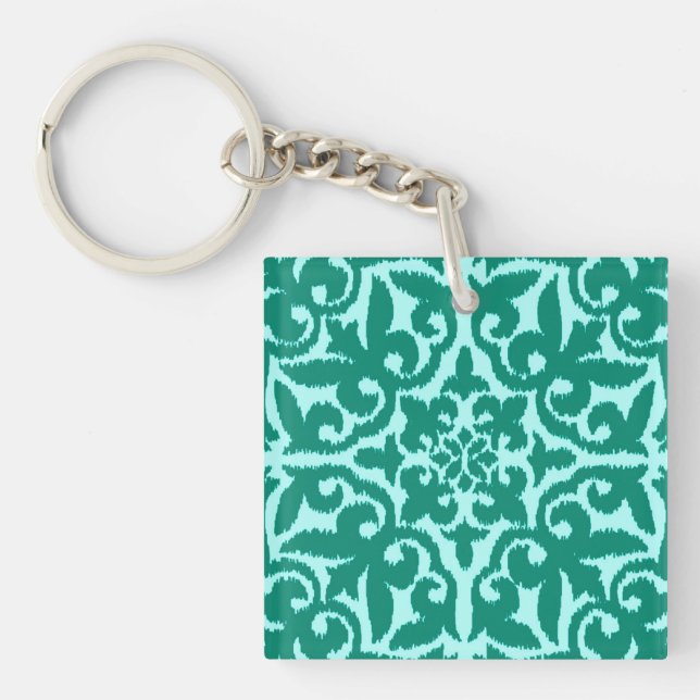 Ikat damask pattern - Turquoise and Aqua Keychain (Front)