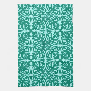 Ikat damask pattern - Turquoise and Aqua Kitchen Towel
