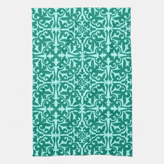 Ikat damask pattern - Turquoise and Aqua Kitchen Towel (Vertical)