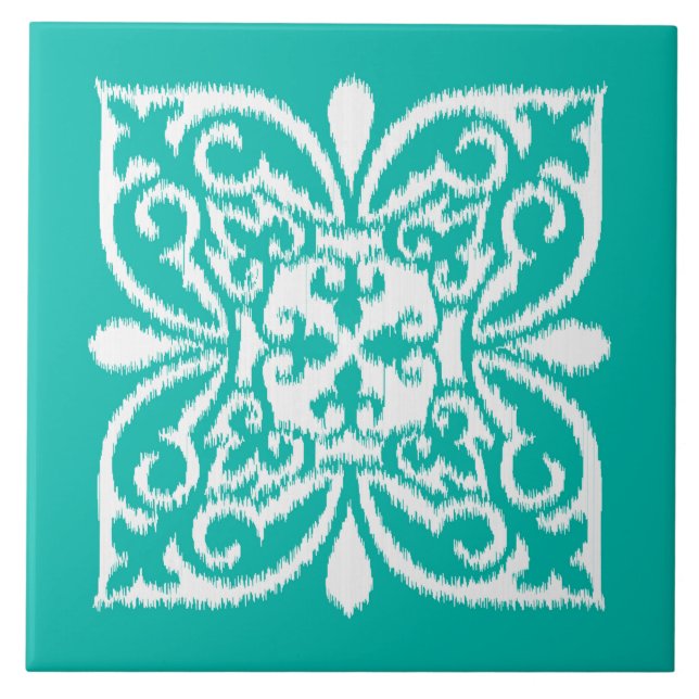 Ikat damask pattern - turquoise and white ceramic tile (Front)