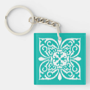 Ikat damask pattern - turquoise and white keychain