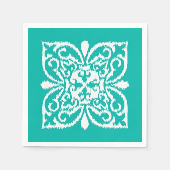 Ikat damask pattern - turquoise and white paper napkins (Front)