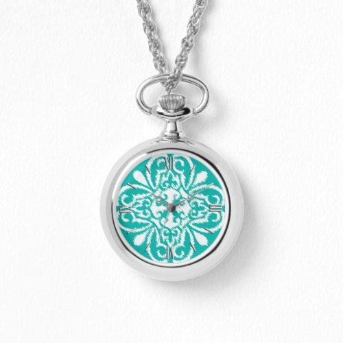 Ikat damask pattern _ turquoise and white watch