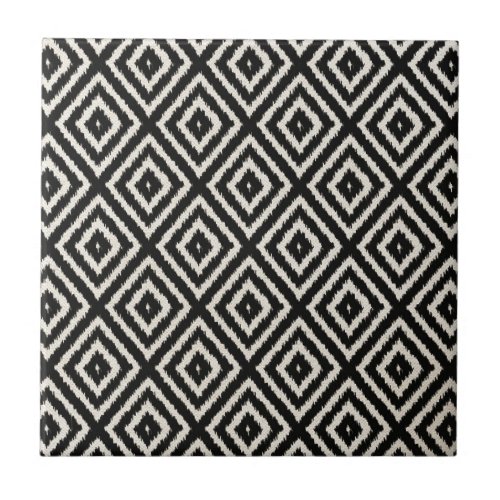 Ikat Diamond Pattern in Black and Cream Ceramic Tile