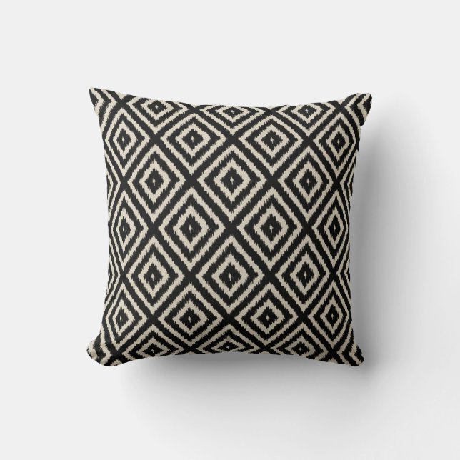 Ikat Diamond Pattern in Black and Cream Throw Pillow (Front)