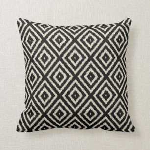Ikat Diamond Pattern in Black and Cream Throw Pillow