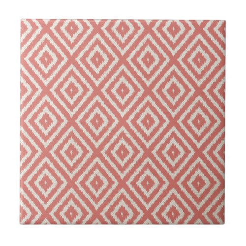 Ikat Diamond Pattern in Coral Pink and Cream Ceramic Tile