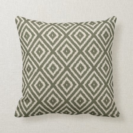 Ikat Diamond Pattern In Olive Green And Cream Throw Pillow