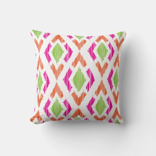 Ikat Diamond Pattern in Pink Lime and Orange Throw Pillow