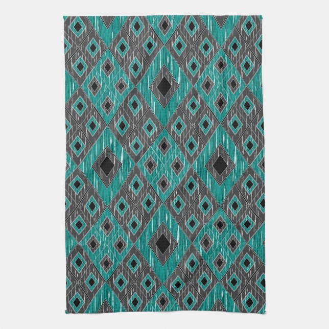 Ikat Diamond Pattern - Teal Black Towel (Vertical)