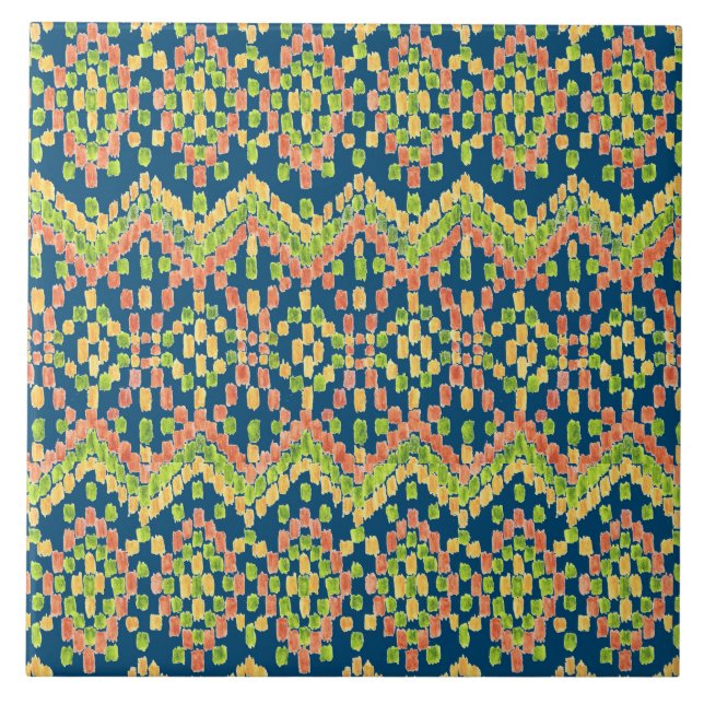 Ikat Ethnic Moorish Pattern on Blue Ceramic Tile (Front)