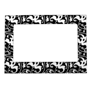 Ikat Floral Damask - Black and White Magnetic Picture Frame