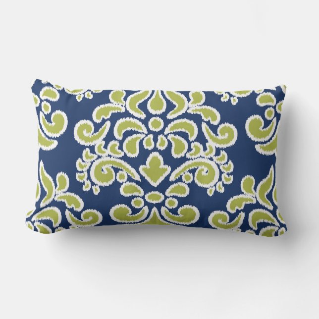 Ikat Floral Damask Blue and Chatreuse Outdoor Pillow (Front)