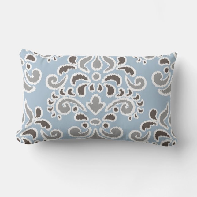 Ikat Floral Damask Blue Brown Gray Lumbar Pillow (Front)