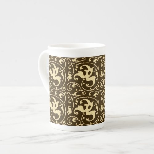 Ikat Floral Damask _ Chocolate Brown and Tan Bone China Mug