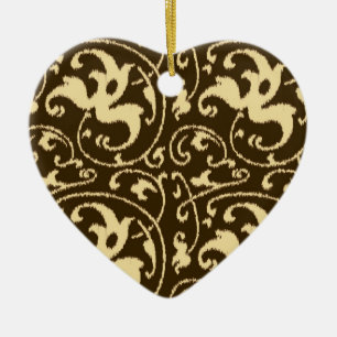 Ikat Floral Damask - Chocolate Brown and Tan Ceramic Ornament