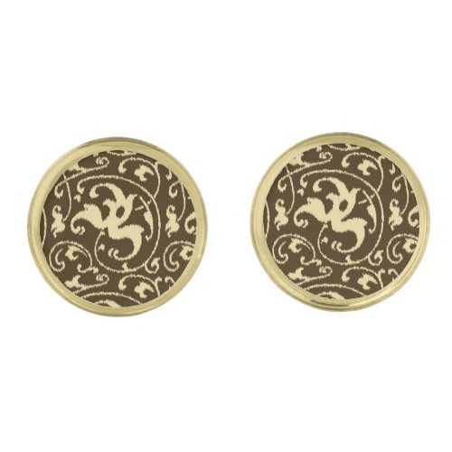 Ikat Floral Damask _ Chocolate Brown and Tan Cufflinks