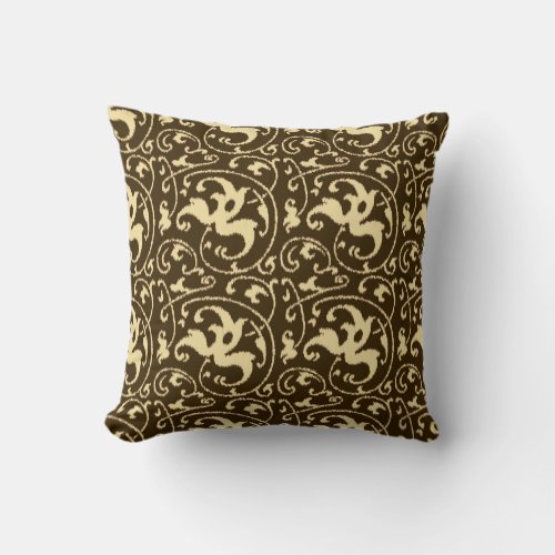 Ikat Floral Damask _ Chocolate Brown and Tan Throw Pillow