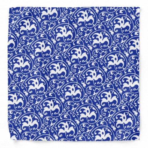 Ikat Floral Damask _ Cobalt Blue and White Bandana