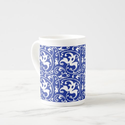 Ikat Floral Damask _ Cobalt Blue and White Bone China Mug