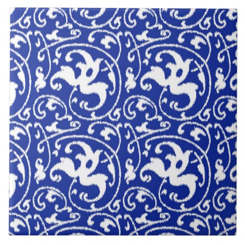 Ikat Floral Damask _ Cobalt Blue and White Ceramic Tile