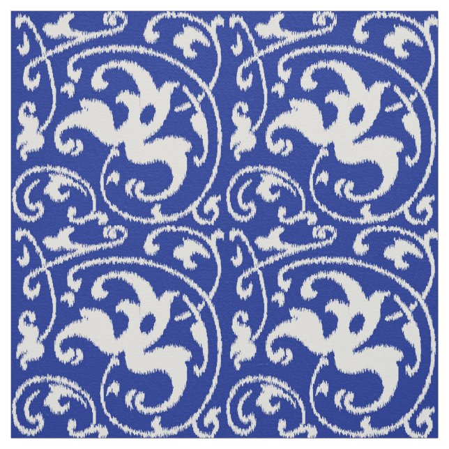 Ikat Floral Damask - Cobalt Blue and White Fabric (Swatch)