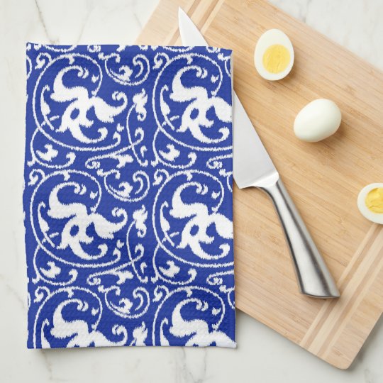 Ikat Floral Damask Cobalt Blue and White Hand Towel
