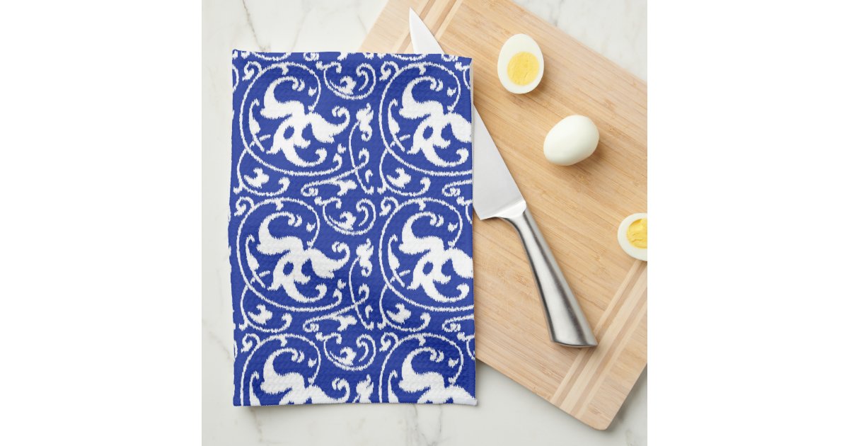 Ikat Floral Damask - Cobalt Blue and White Hand Towel ...