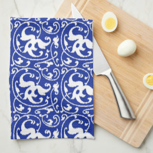 Ikat Floral Damask - Cobalt Blue and White Kitchen Towel