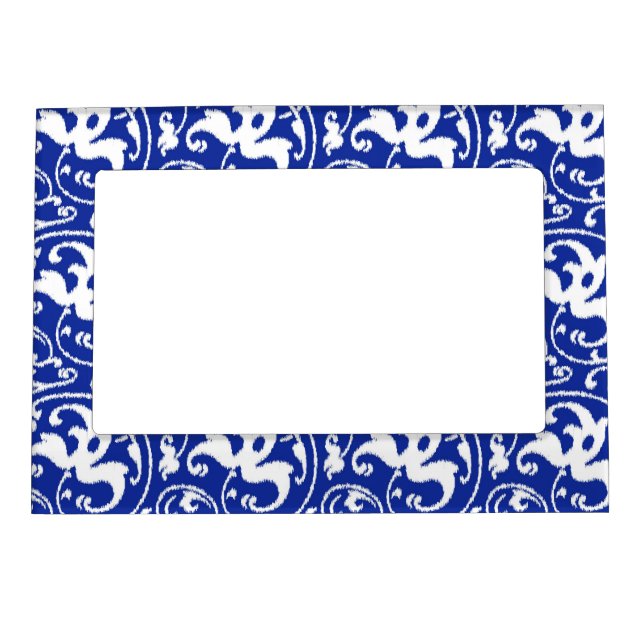 Ikat Floral Damask - Cobalt Blue and White Magnetic Picture Frame (Front)