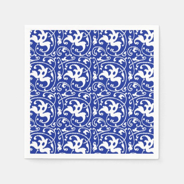 Ikat Floral Damask - Cobalt Blue and White Paper Napkins (Front)