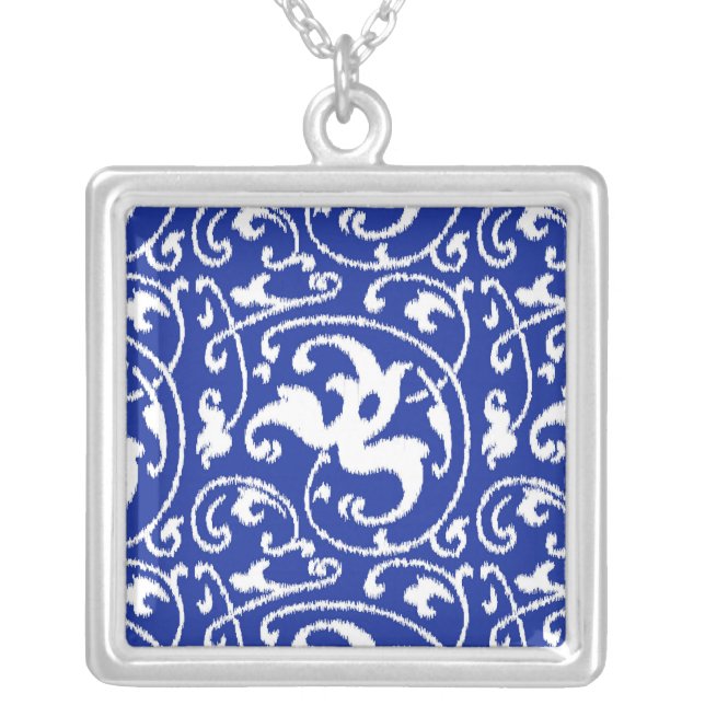 Ikat Floral Damask - Cobalt Blue and White Silver Plated Necklace (Front)