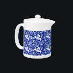 Ikat Floral Damask - Cobalt Blue and White Teapot<br><div class="desc">Digital reproduction of an Art Nouveau damask pattern with a striated,  Ikat woven texture - White on a deep cobalt blue background</div>