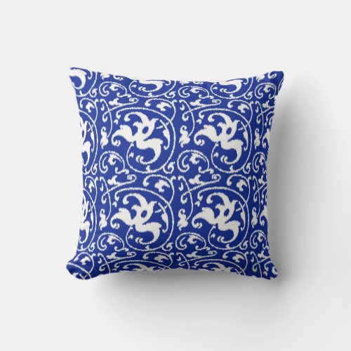 Ikat Floral Damask _ Cobalt Blue and White Throw Pillow