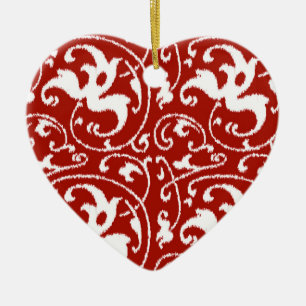 Ikat Floral Damask - Dark Red and White Ceramic Ornament