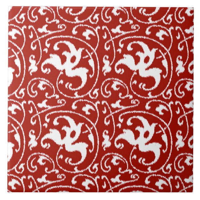 Ikat Floral Damask - Dark Red and White Ceramic Tile (Front)