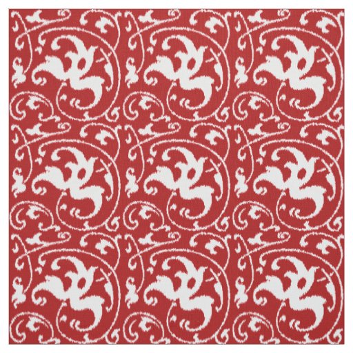 Ikat Floral Damask - Dark Red and White Fabric