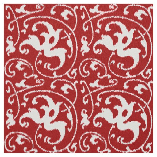 Ikat Floral Damask - Dark Red and White Fabric
