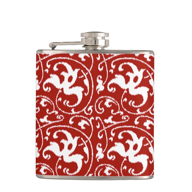 Ikat Floral Damask - Dark Red and White Flask (Front)