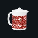 Ikat Floral Damask - Dark Red and White Teapot<br><div class="desc">Digital reproduction of an Art Nouveau damask pattern with a striated,  Ikat woven texture - White on a dark Chinese red background</div>