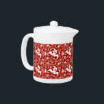 Ikat Floral Damask - Dark Red and White Teapot<br><div class="desc">Digital reproduction of an Art Nouveau damask pattern with a striated,  Ikat woven texture - White on a dark Chinese red background</div>