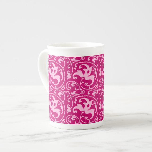 Ikat Floral Damask - Fuchsia and Pale Pink Bone China Mug (Front Left)