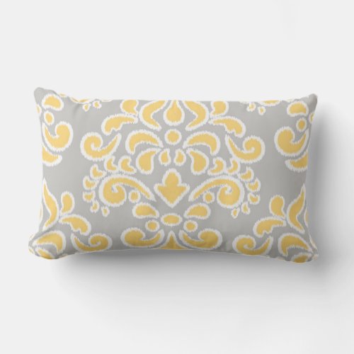 Ikat Floral Damask Gray and Yellow Lumbar Pillow